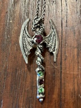 Vintage Fellowship Foundry Pewter Dragon Sword Rhinestone Pendant Necklace